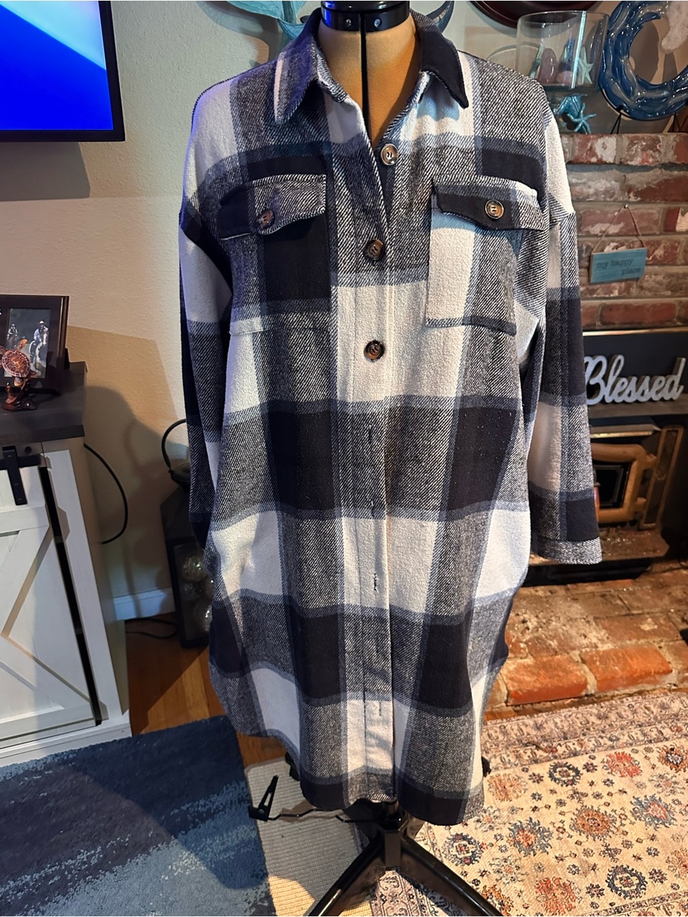 Plaid Button-Front Shirt Jacket - Blue & White